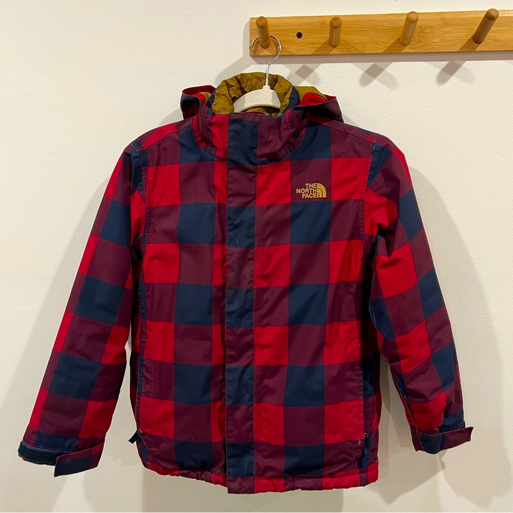 Boys North Face Coat Reversible Vest Red Tan Navy Blue Buffalo Check Sz 10-12